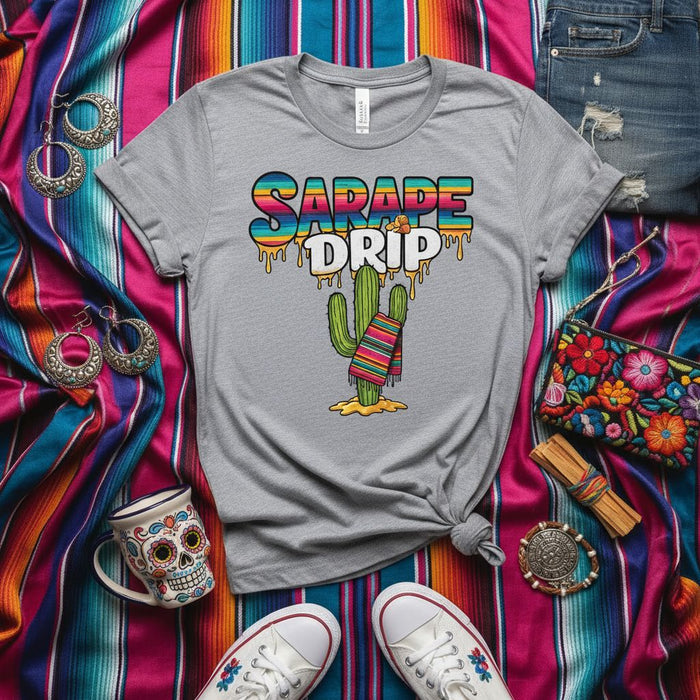 Serape Drip Cactus Shirt, Funny Mexican Fiesta Tee, Cinco de Mayo Party Outfit, Colorful Striped Desert Plant Graphic T-Shirt, Unisex Casual Festival Apparel, Latin Culture Gift Idea