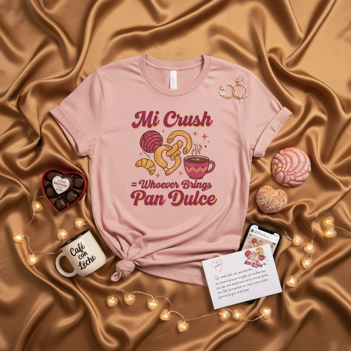 Mi Crush = Whoever Brings Pan Dulce T-Shirt, Funny Valentine's Day Panadería Bakery Love Tee, Mexican Sweet Bread Concha Crop Top, Cafecito Coffee Shirt for Women Men