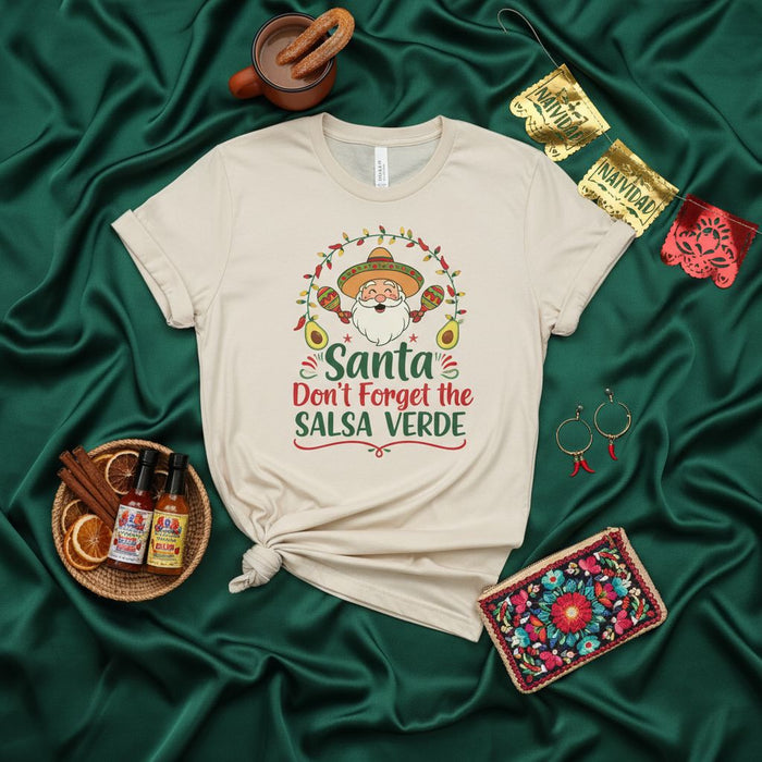 Santa Don't Forget the Salsa Verde Christmas T-Shirt, Mexican Fiesta Holiday Unisex Shirt with Sombrero Santa and Avocado Wreath, Funny Spanish Navidad Tee Gift Idea