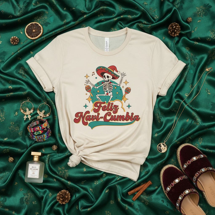 Feliz Navi-Cumbia Skeleton T-Shirt, Christmas Cumbia Music Tee, Funny Holiday Fiesta Shirt, Unisex Day of the Dead Sugar Skull Mariachi Tee, Vintage Retro Style Gift Idea