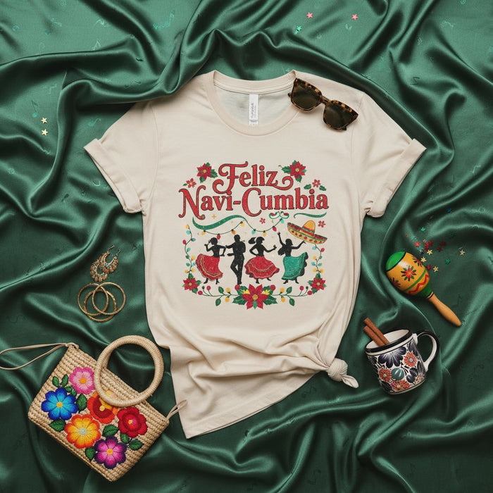 Feliz Navi-Cumbia Christmas Shirt, Holiday Fiesta Tee, Cumbia Dancing Dancers T-Shirt, Spanish Christmas Party Top, Festive Latin Music Apparel, Unisex Gift for Him or Her