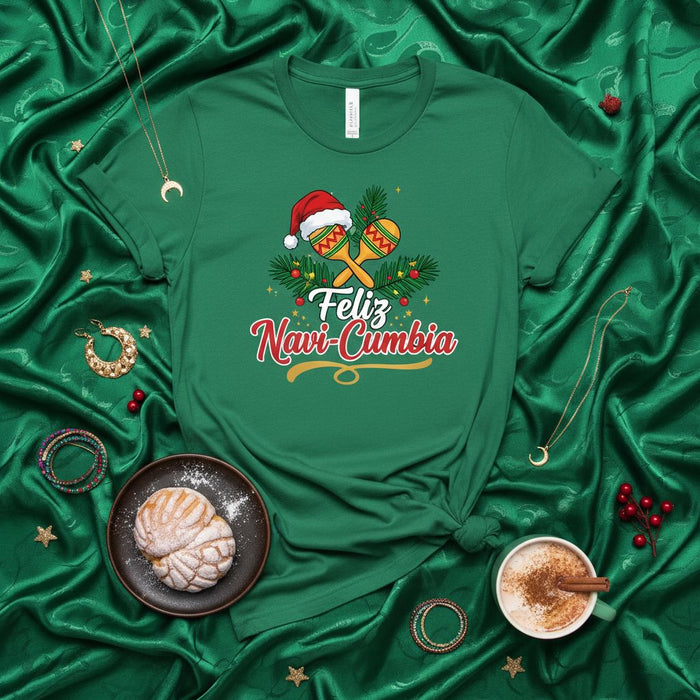 Feliz Navi-Cumbia Christmas T-Shirt with Maracas, Santa Hat, and Holly - Festive Holiday Shirt, Cumbia Music Lover Tee, Spanish Christmas Celebration Apparel, Xmas Party Outfit