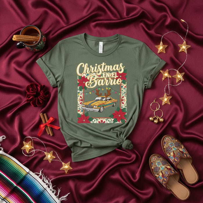 Christmas En El Barrio T-Shirt, Latinx Holiday Tee, Lowrider Car with Antlers and Poinsettias, Spanish English Mixed Text Xmas Apparel, Festive Green Unisex Shirt