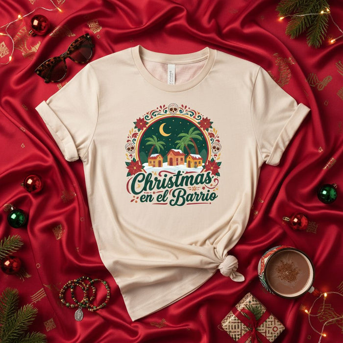 Christmas en el Barrio Tropical Holiday T-Shirt - Latino Christmas Tee with Palm Trees, Houses, Sugar Skulls, and Poinsettias - Unisex Soft Style Seasonal Apparel