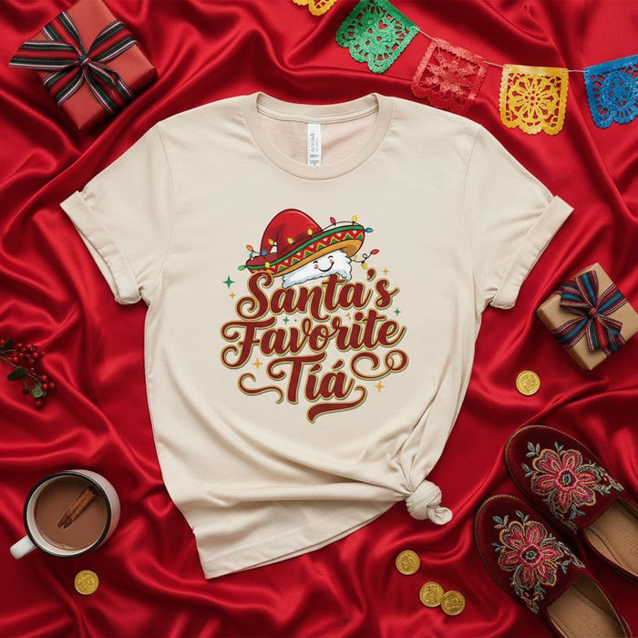 Santa's Favorite Tía T-Shirt, Funny Mexican Christmas Sombrero Lights Tee, Spanish Aunt Family Holiday Gift Idea, Festive Beige Unisex Top