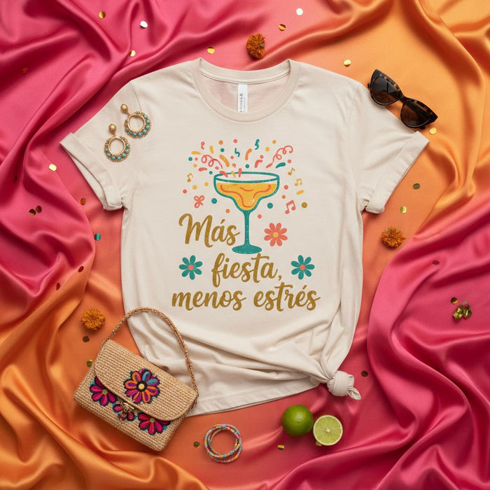Más Fiesta Menos Estrés T-Shirt, Fun Margarita Confetti Shirt, Cinco de Mayo Party Tee, Casual Spanish Quote Shirt, Festive Summer Drink Graphic Top, Unisex Gift for Tequila Lover