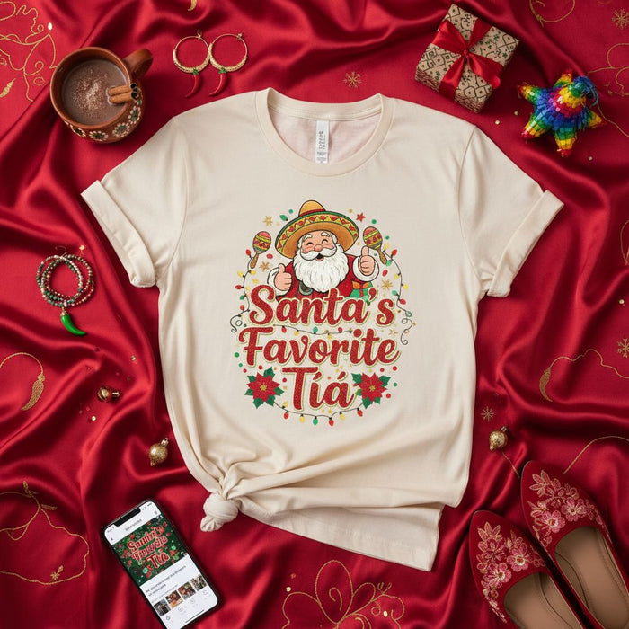 Santa's Favorite Tía Shirt, Funny Christmas Mexican Fiesta T-Shirt, Sombrero Santa Maracas Xmas Holiday Tee, Family Aunt Gift, Cute Poinsettia Lights Graphic Unisex T-Shirt