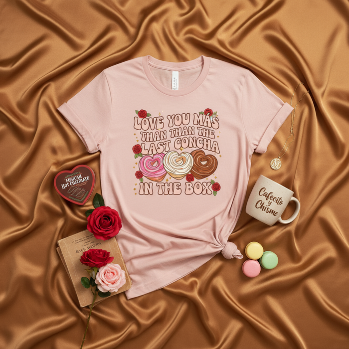 Love You Más Than The Last Concha In The Box T-Shirt, Funny Valentine's Day Shirt, Concha Pan Dulce Mexican Food Tee, Hispanic Couple Gift, Dia de San Valentín, Pastel Pink Unisex Shirt
