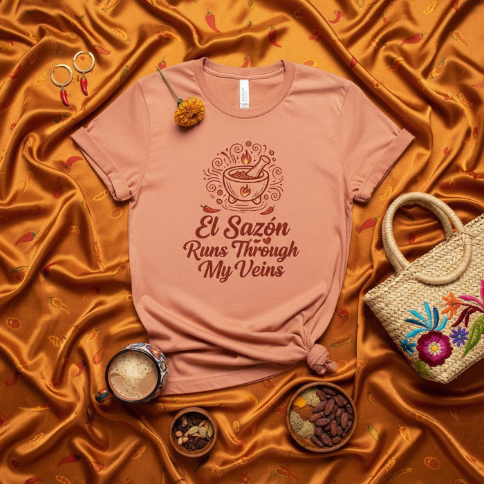 El Sazón Runs Through My Veins T-Shirt, Sazón Spice Shirt, Mortar and Pestle Shirt, Chili Pepper Foodie Gift, Latino Cooking Unisex Tee, Mexican Cuisine Top, Spicy Food Lover Apparel