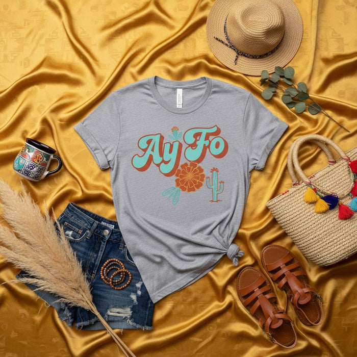 Ay Fo Desert Vibe T-Shirt, Boho Cactus Floral Graphic Tee, Retro Southwestern Style Shirt, Unisex Casual Fiesta Apparel, Distressed Denim Shorts Outfit