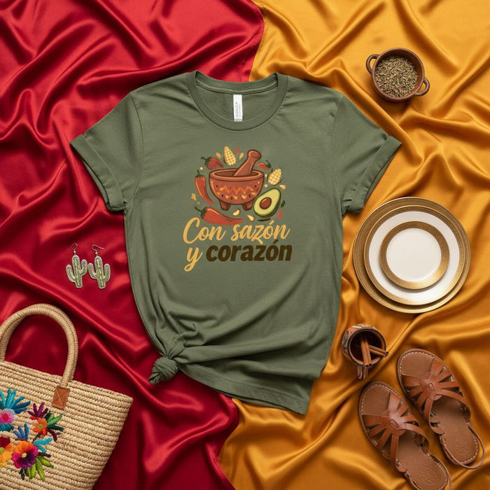 Maglietta Molcajete con sazón y corazón, maglietta per amanti del cibo messicano e della cucina, regalo, design avocado mais peperoncino, camicia da cucina unisex, Viva Mexico, abbigliamento con slogan spagnolo