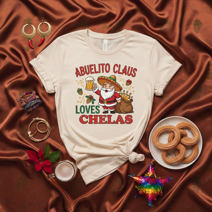 Abuelito Claus Loves Chelas T-Shirt, Funny Mexican Santa Shirt, Cinco de Mayo Christmas Holiday Tee, Fiesta Grandpa Beer Drinking Graphic Unisex Top