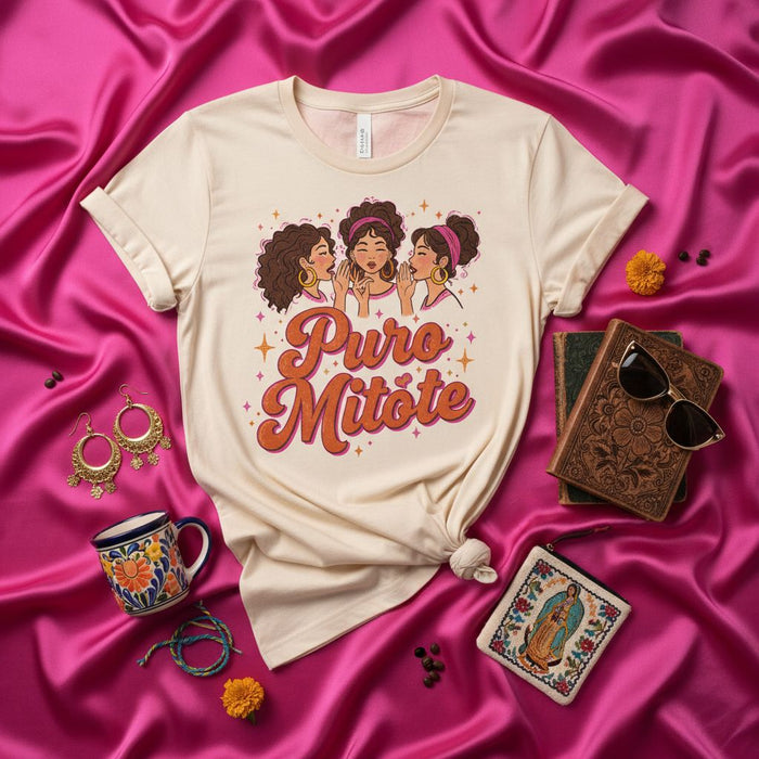 Puro Mitote T-Shirt, Latinx Mujer Shirt, Mexican-American Comadre Tee, Latina Gossip Shirt, Chicana Style, Cute Unisex T-shirt, Hispanic Heritage Gift, Spanish Quote Shirt, Retro Groovy Font Tee, Fun Women's Graphic Shirt