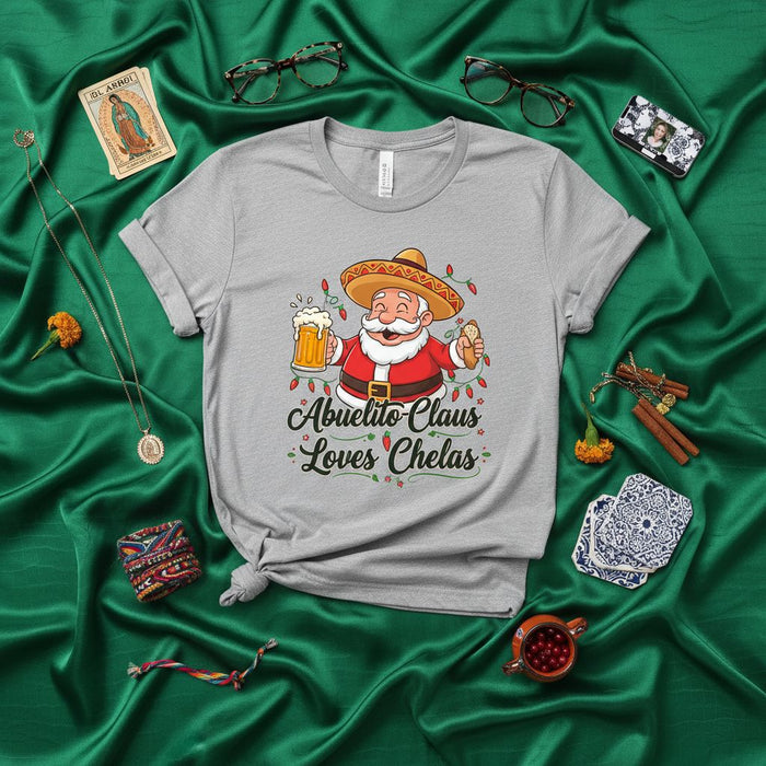 Abuelito Claus Loves Chelas, Funny Mexican Santa Shirt, Christmas Fiesta Beer T-Shirt, Sombrero and Tacos Holiday Tee, Cute Grandpa Claus Gift, Unisex Graphic Novelty Top