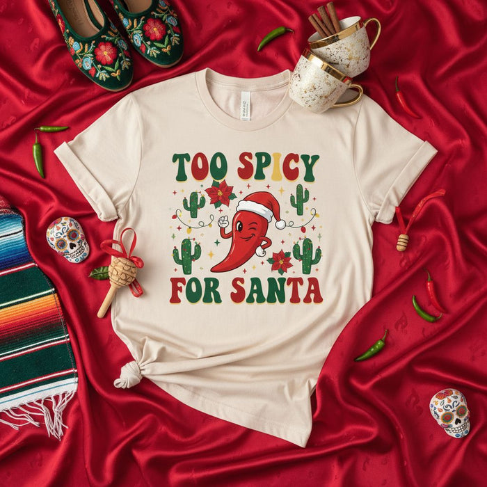 Too Spicy For Santa Christmas T-Shirt, Funny Holiday Chili Pepper Santa Hat Shirt, Cute Cactus Fiesta Xmas Graphic Tee, Mexican Style Christmas Party Shirt