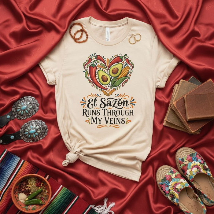 El Sazón Runs Through My Veins T-Shirt, Mexican Food Lover Shirt, Avocado Chili Pepper Corn Heart Tee, Unisex Hispanic Cooking Gift, Latino Culture Apparel.