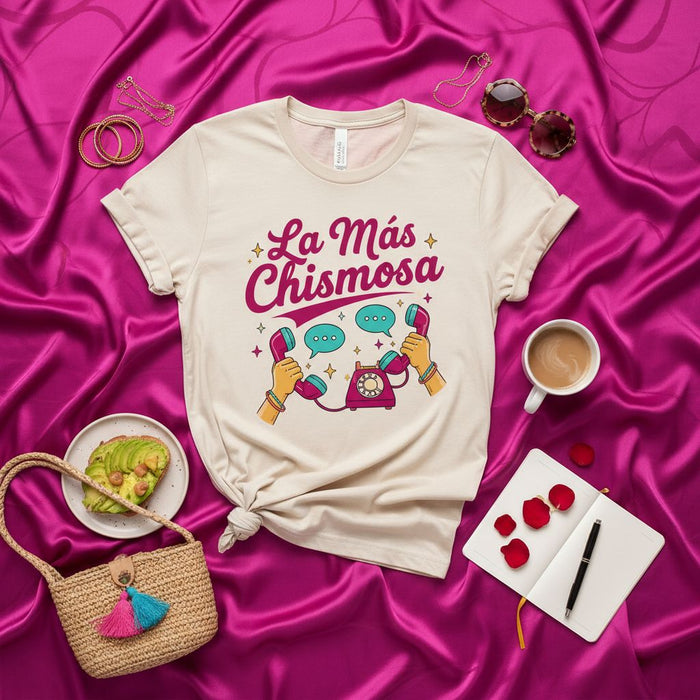 La Más Chismosa T-Shirt, Funny Spanish Gossip Tee, Retro Phone Design, Latina Chisme Shirt, Cute Unisex Gift for the Friend Who Loves to Chat, Vibrant Graphic Top.