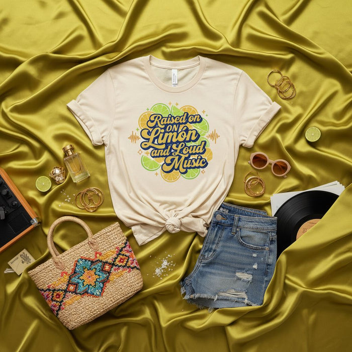Raised on Limón and Loud Music T-Shirt, Citrus Fruit Graphic Tee, Summer Concert Festival Shirt, Funny Lemon Lime Drink Lover Unisex Shirt, Music Festival Clothing