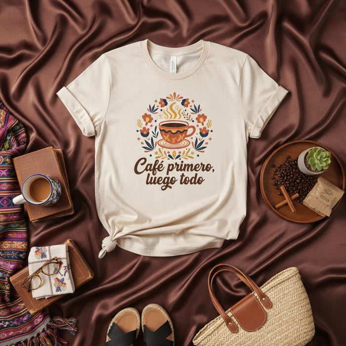 Caffè prima, poi tutto Maglietta, Maglietta per amanti del caffè spagnolo, Design tazza floreale, Regalo Latinx, Camicia unisex per espresso, Simpatica Maglietta grafica