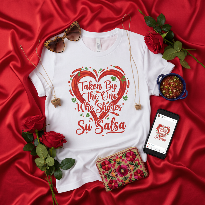 Taken By The One Who Shares Su Salsa T-Shirt, Funny Valentine's Day Gift, Anniversary Present for Him or Her, Spicy Food Lover Shirt, Chili Pepper Heart Design Tee, Couples Shirt, Spanish English Phrase