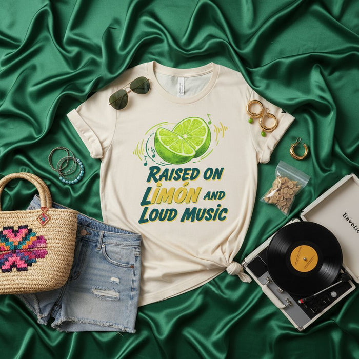 Raised on Limón and Loud Music Shirt, Lime Lover Graphic Tee, Unisex T-Shirt, Citrus and Music Festival Vibe Top, Summer Vacation Apparel, Fun Party Shirt, Gift for DJ or Bartender
