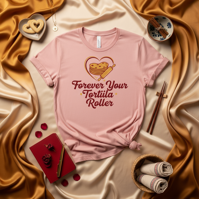 Forever Your Tortilla Roller T-Shirt, Funny Hispanic Food Pun Tee, Cinco de Mayo Valentine's Day Gift, Cute Heart Rolling Pin Graphic Shirt, Unisex Cooking Lover Apparel