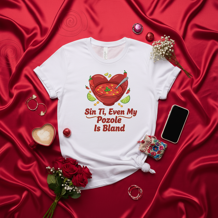 Sin Ti, Even My Pozole Is Bland | Funny Pozole Love T-Shirt, Mexican Foodie Tee, Valentine's Day Gift for Him/Her, Cute Heart Bowl Design, Spanish Pun Shirt