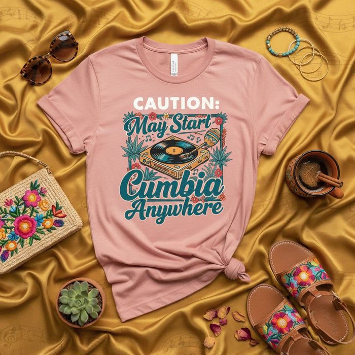 CAUTION: May Start Cumbia Anywhere T-Shirt with Turntable Maraca Design, Funny Latin Music Shirt for Cumbia Lovers, Unisex Short Sleeve Tee for Dancing, Tropical Flowers Graphic Apparel