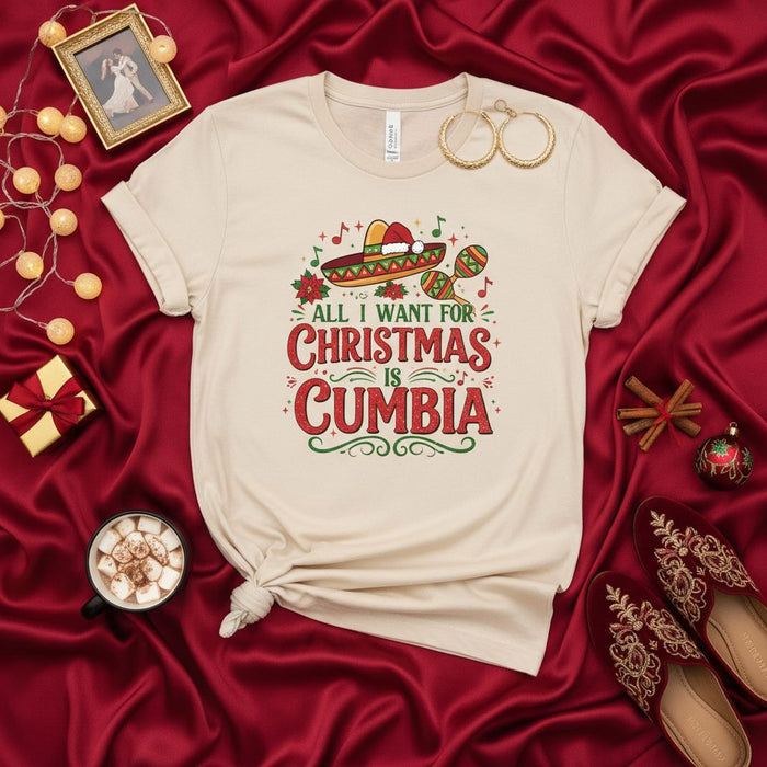 All I Want For Christmas Is Cumbia T-Shirt with Sombrero Maraca Holiday Music Tee, Festive Latin Dance Christmas Party Top, Unisex Shirt Gift