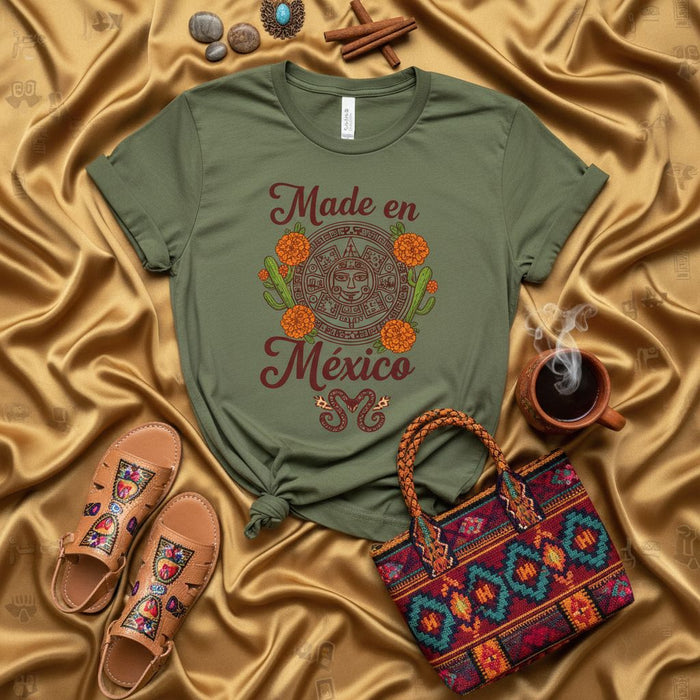 Made en México T-Shirt | Aztec Calendar, Marigolds, Cactus, Snakes Print | Spanish Heritage Graphic Tee | Unisex Olive Green Mexican Culture Shirt Gift