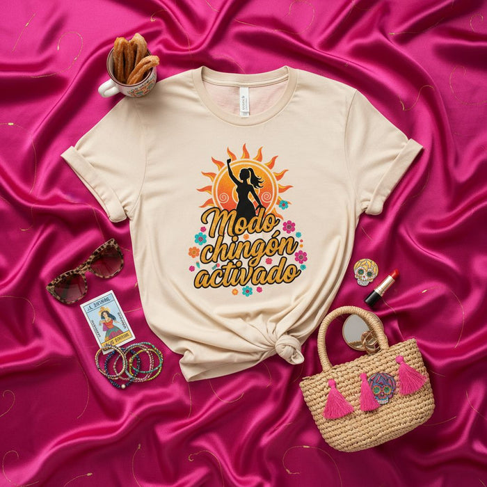 Modo Chingón Activado T-Shirt | Empowering Latina Woman Tee | Feminist Spanish Quote Shirt | Chingona Vibes Sun Graphic Apparel