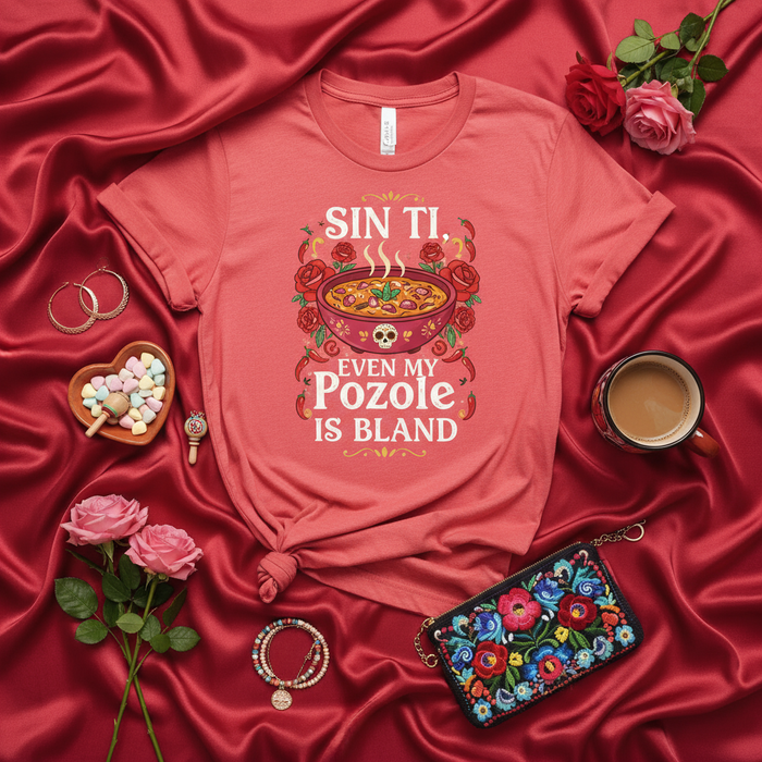 Sin Ti Even My Pozole Is Bland Shirt, Funny Mexican Food Lover Tee, Valentine's Day Gift, Pozole Soup Skull and Roses Graphic T-Shirt, Spicy Food Pun, Hispanic Culture Apparel
