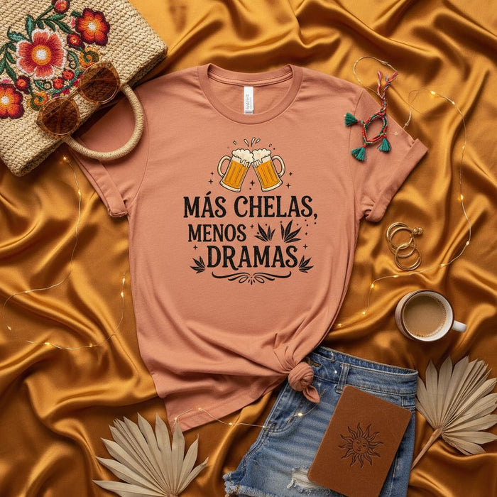 Más Chelas Menos Dramas T-Shirt, Funny Spanish Beer and No Drama Tee, Cute Summer Fiesta Shirt for Women, Casual Drinking and Good Vibes Top