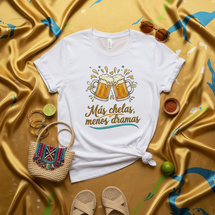 Más chelas, menos dramas T-Shirt, Cerveza, Beer Drinking Shirt, Fiesta, Party, Funny Spanish Quote Tee, Unisex Graphic Top for Casual Wear, Gift Idea