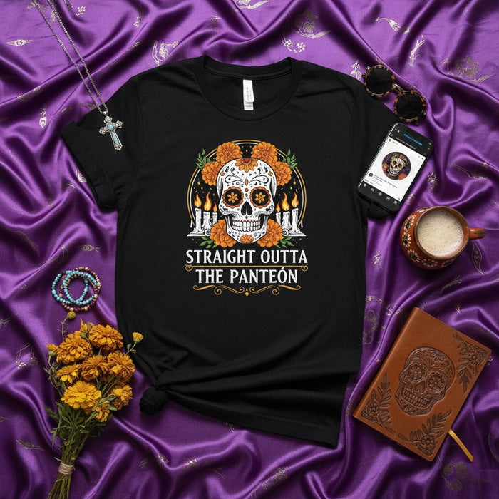 Straight Outta The Panteón Day of the Dead Sugar Skull T-Shirt with Marigold Flowers and Candles, Dia de Muertos Calavera Tee, Unisex Halloween Graveyard Humor Shirt