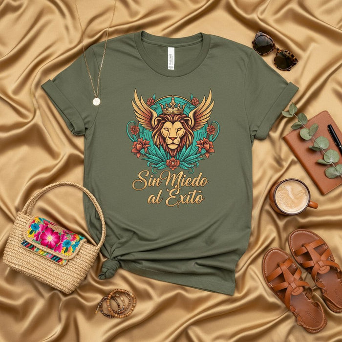 Sin Miedo al Éxito Lion Crown Wings T-Shirt, Spanish Motivational Quote Tee, Unisex Graphic Shirt, Inspirational Saying Gift Idea