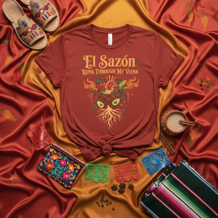 El Sazón Runs Through My Veins T-Shirt, Mexican Fiesta Food Spice Tee, Chili Pepper Avocado Roots Graphic Shirt, Unisex Latina Latino Cooking Gift, Cinco de Mayo