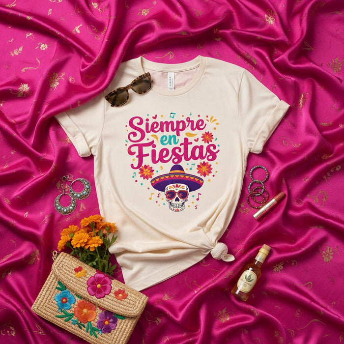 Siempre en Fiestas Spanish Quote Tee, Dia de los Muertos Sugar Skull Fiesta T-Shirt, Mexican Day of the Dead Celebration Top, Colorful Floral Graphic Shirt