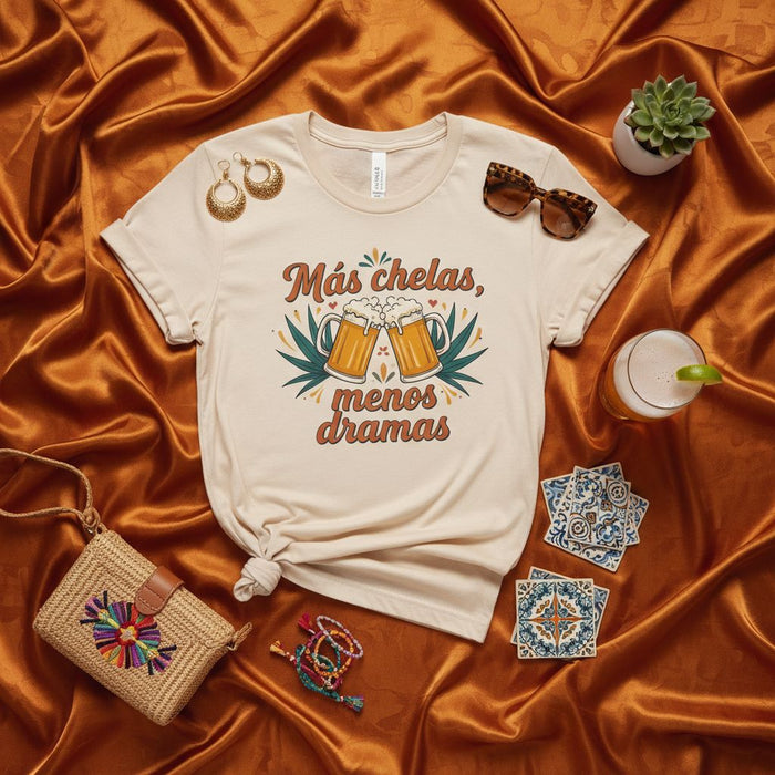 Más chelas, menos dramas Funny Spanish Beer T-Shirt, Mexican Fiesta Top, Latina Graphic Tee, Cinco de Mayo Drinking Shirt, Casual Unisex Apparel
