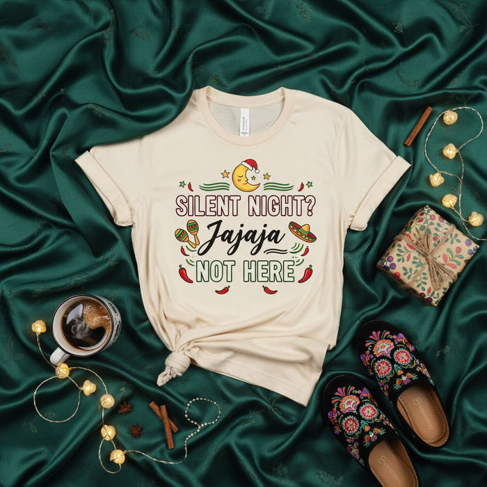 Silent Night? Jajaja Not Here, Funny Mexican Christmas T-Shirt, Fiesta Holiday Tee with Sombrero, Maracas, & Chili Peppers, Festive Xmas Party Shirt, Humor Latino Gift