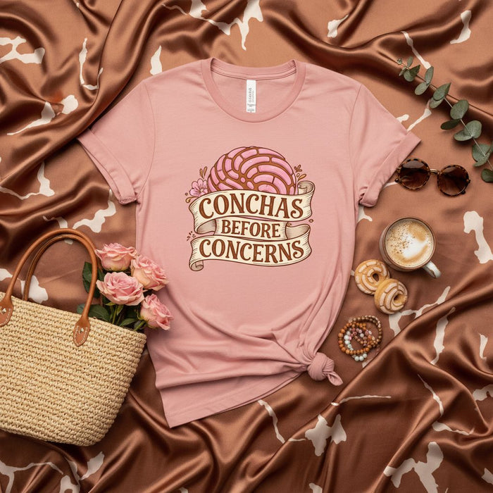 Conchas Before Concerns T-Shirt, Cute Mexican Pan Dulce Concha Shirt, Unisex Pink Dessert Lover Tee, Sweet Bakery Food Pun Gift for Her, Latine Culture Apparel