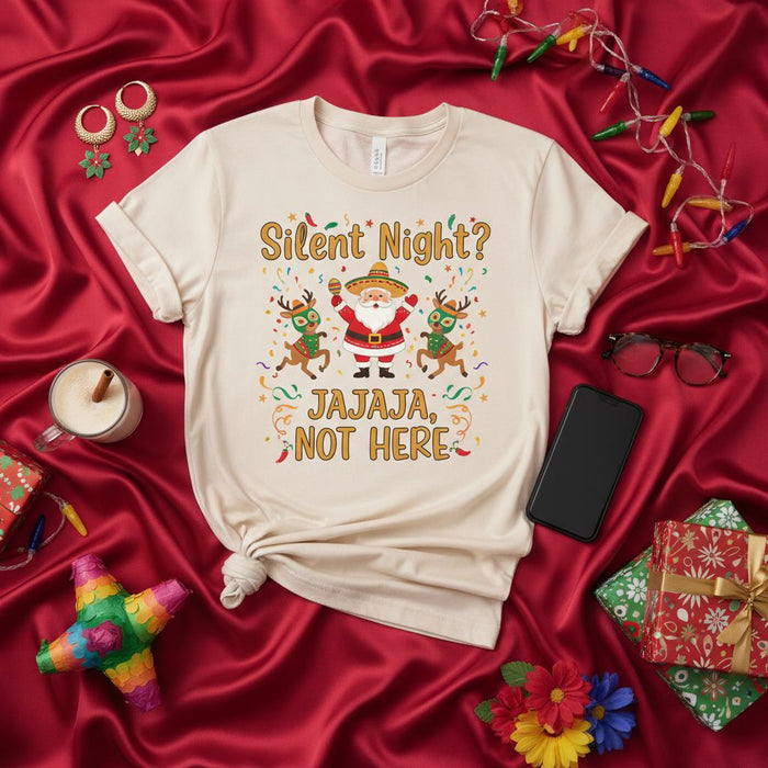 Silent Night? JaJaJa, Not Here - Funny Mexican Fiesta Christmas T-Shirt with Mariachi Santa and Dancing Reindeer, Unisex Holiday Party Tee