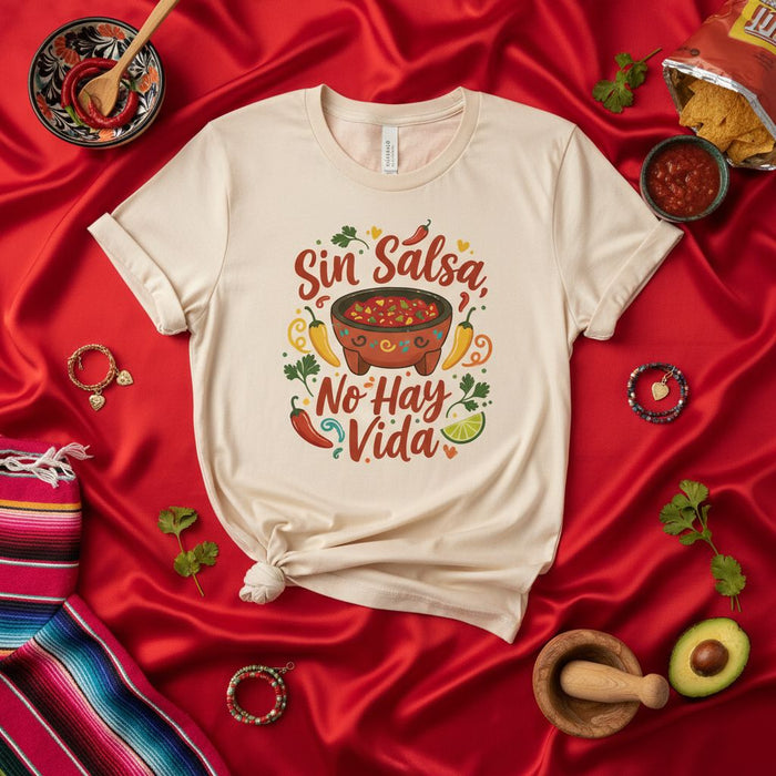 Sin Salsa No Hay Vida T-Shirt, Funny Spanish Phrase Tee, Cinco de Mayo Apparel, Mexican Food Lover Gift, Unisex Graphic Shirt with Salsa Bowl and Chiles