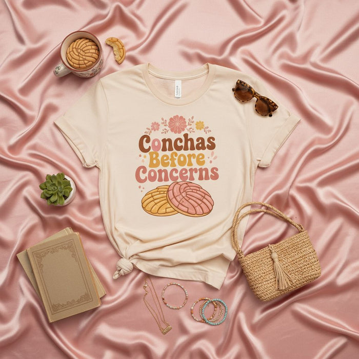 Conchas Before Concerns T-Shirt, Cute Mexican Pan Dulce Tee, Funny Hispanic Food Shirt, Retro Concha Bakery Gift, Unisex Sweet Bread Graphic Top