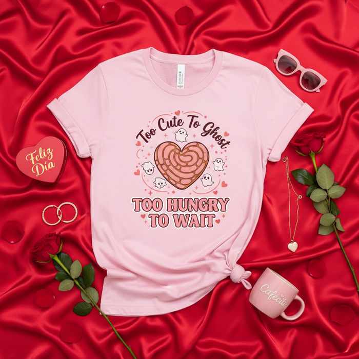 Troppo carino per "ghostare" troppo affamato per aspettare, Maglietta cuore concha pan dulce, T-shirt fantasma kawaii San Valentino, Maglia rosa pastello amante concha, Regalo pane messicano, Maglietta fantasma foodie divertente, Maglietta Feliz Dia
