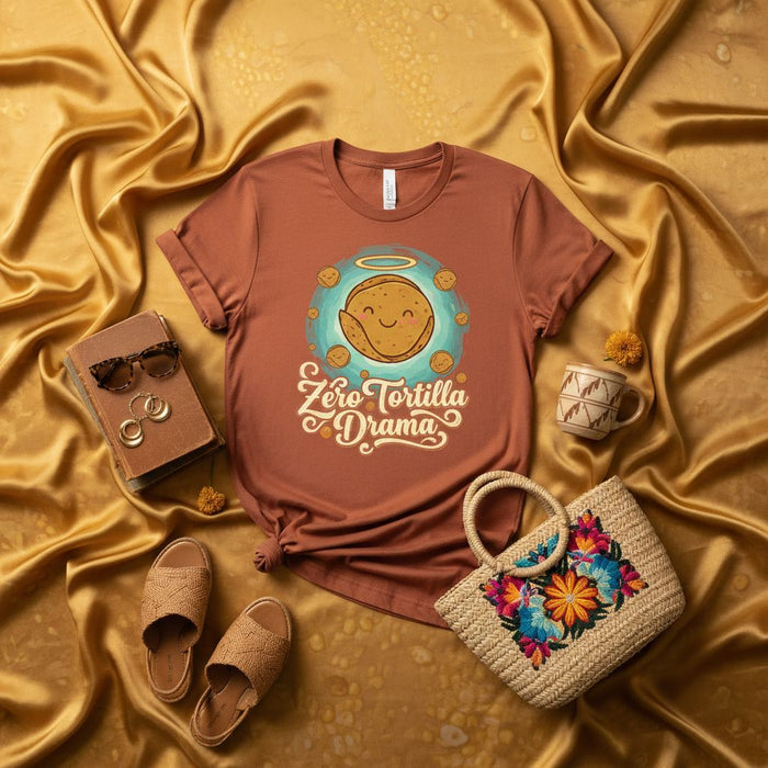 Zero Tortilla Drama Shirt, Funny Mexican Food Tee, Cute Happy Tortilla with Halo Graphic T-Shirt, Food Pun Humor Top, Unisex Gift for Taco Lovers and Chefs
