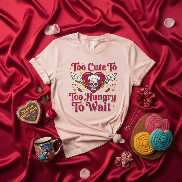 Too Cute To Too Hungry To Wait Chef Sugar Skull T-Shirt with Wings, Chili Peppers, and Heart for Valentine's Day, Day of the Dead, Cooking Lovers, Foodies, and Mexican Culture Fans