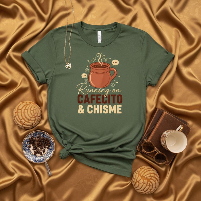 Running on Cafecito & Chisme T-Shirt, Funny Latinx Coffee Lover Tee, Spanish Quote Shirt, Concha Bread Vibe, Unisex Gift for Best Friend, Family, or Coworker