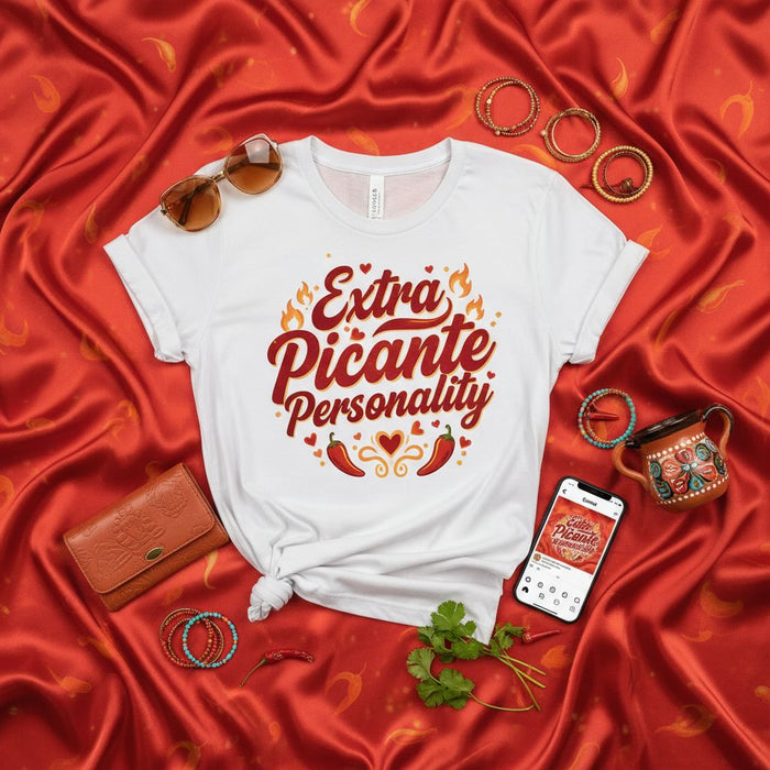 Camiseta de Personalidad Extra Picante, Humor de Chile Picante, Regalo Latinx Sarcástico, Camisa Unisex para Amantes de la Salsa Picante, Camiseta Divertida con Dicho en Español para Foodies, Actitud Extra Picante