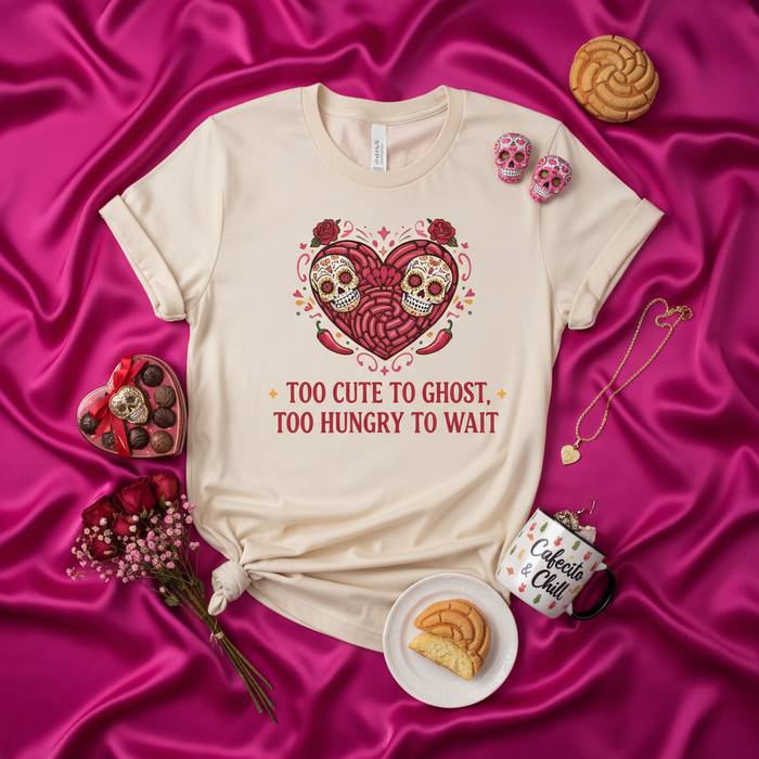 Too Cute To Ghost Too Hungry To Wait T-Shirt, Sugar Skull Heart Shirt, Day of the Dead Valentine's Tee, Calavera Couple, Dia De Los Muertos Love Gift, Hispanic Culture Aesthetic Apparel